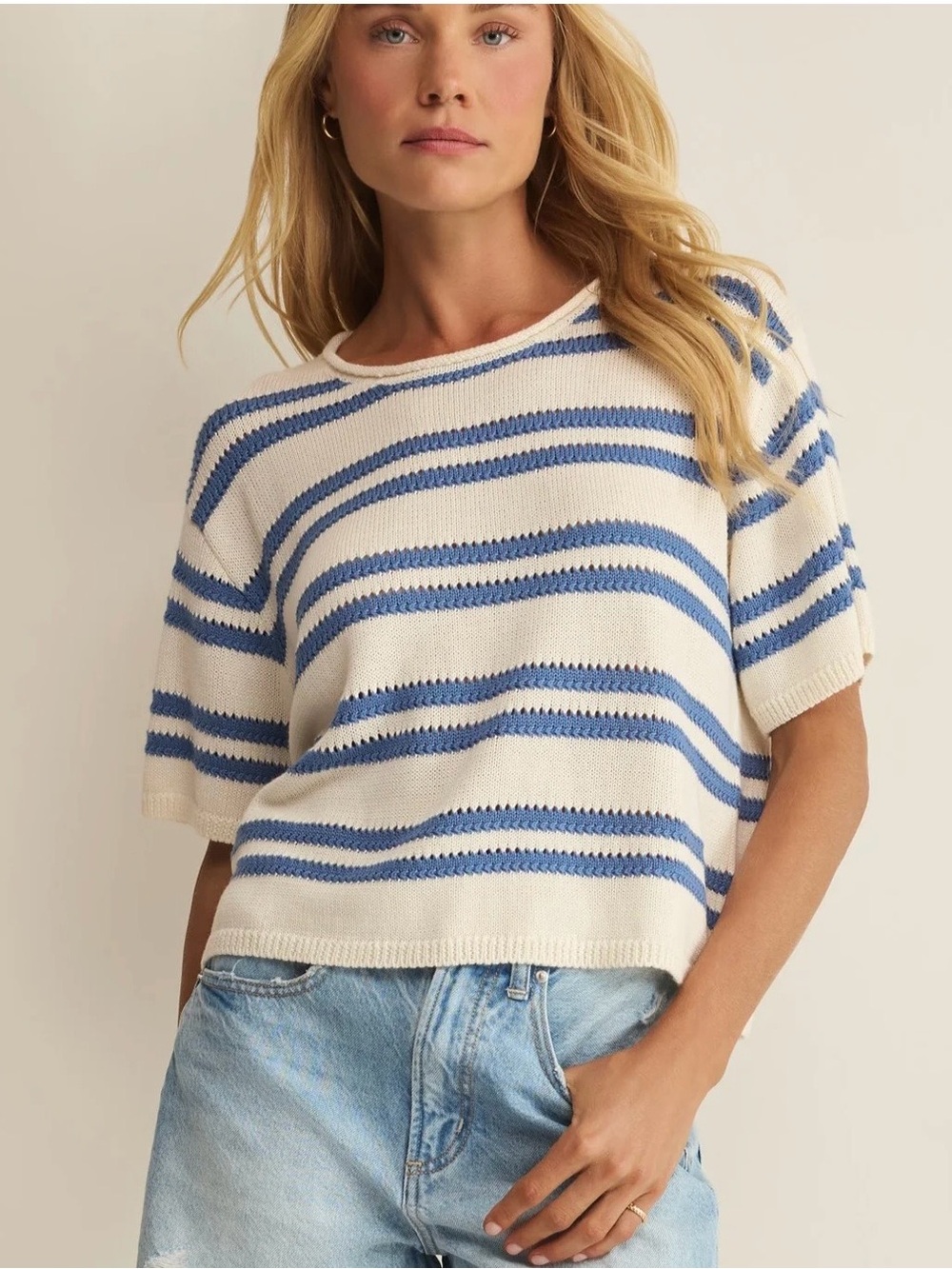 Striped Blue & Cream Short-Sleeve Knit Top
